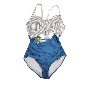 Striped Blue & White One-Piece  Swimsuit Womens With Tie-Back Size XL